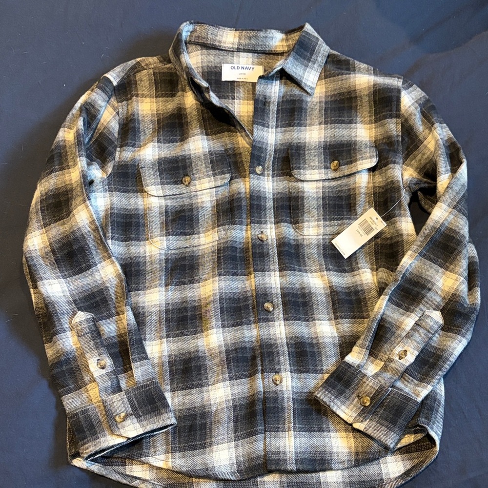 NWT Boys Old Navy Blue, Gray & Cream Plaid Flannel Shirt